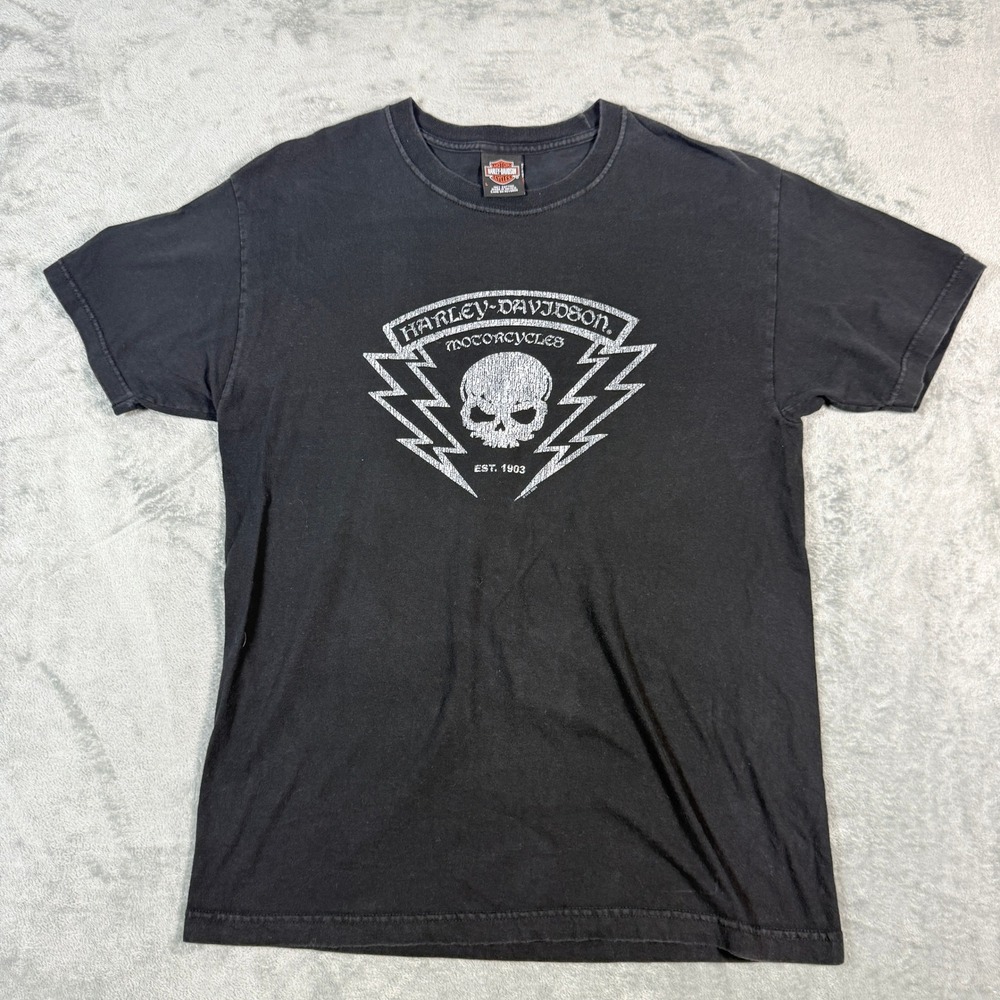 VTG Harley-Davidson Mens Large T-Shirt Black Skull Shark Jim's St Petersburg FL
